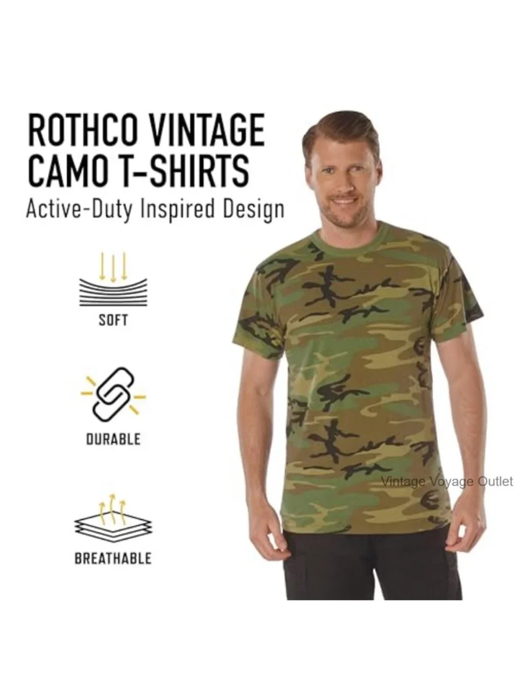 Vintage Camo Short Sleeve T-Shirt for Men - Polycotton Blend - Crew Neck Pull On